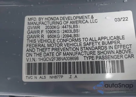 2022 Honda Accord Sport 2.0T z USA, uszkodzony, nr VIN 1HGCV2F38NA008698